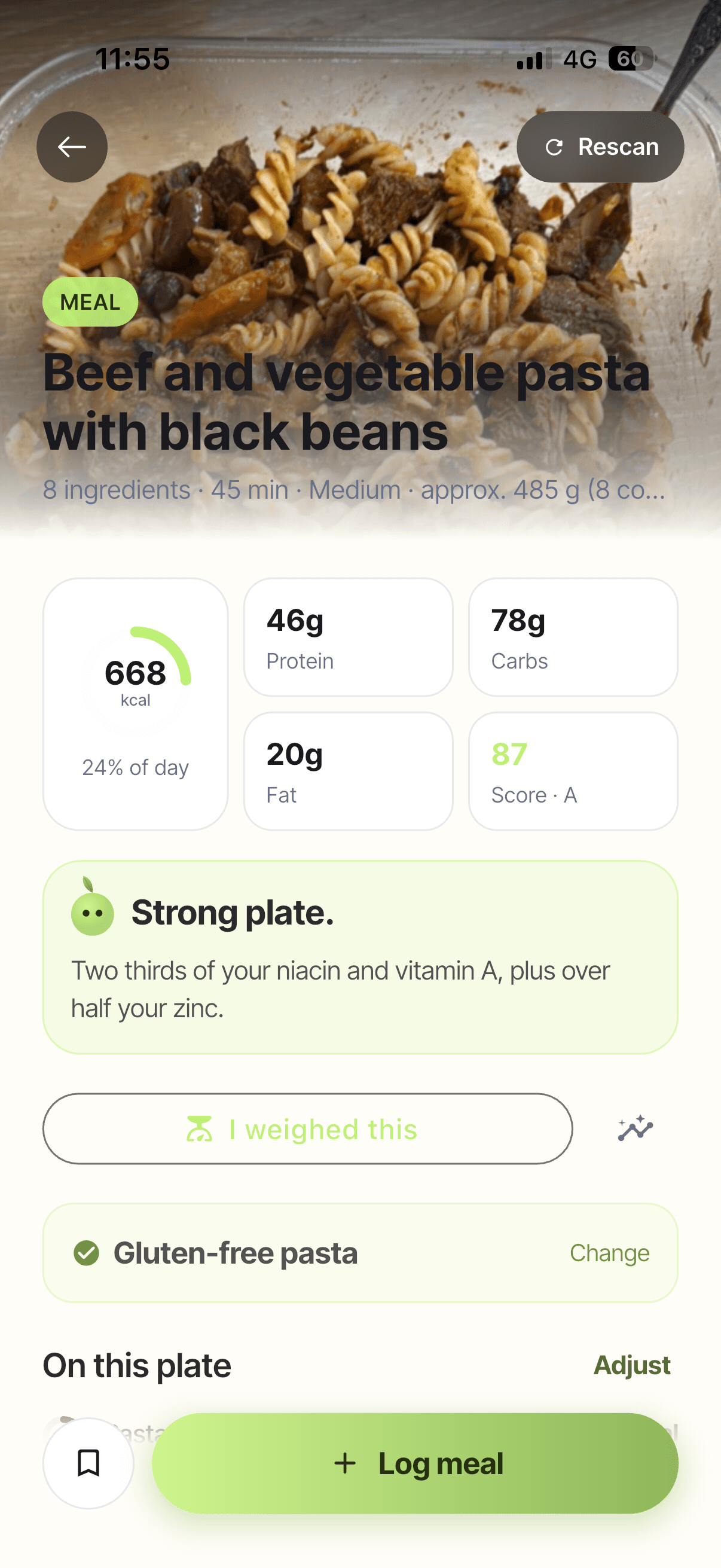 A scan result in Nureo, showing a product's score and ingredients